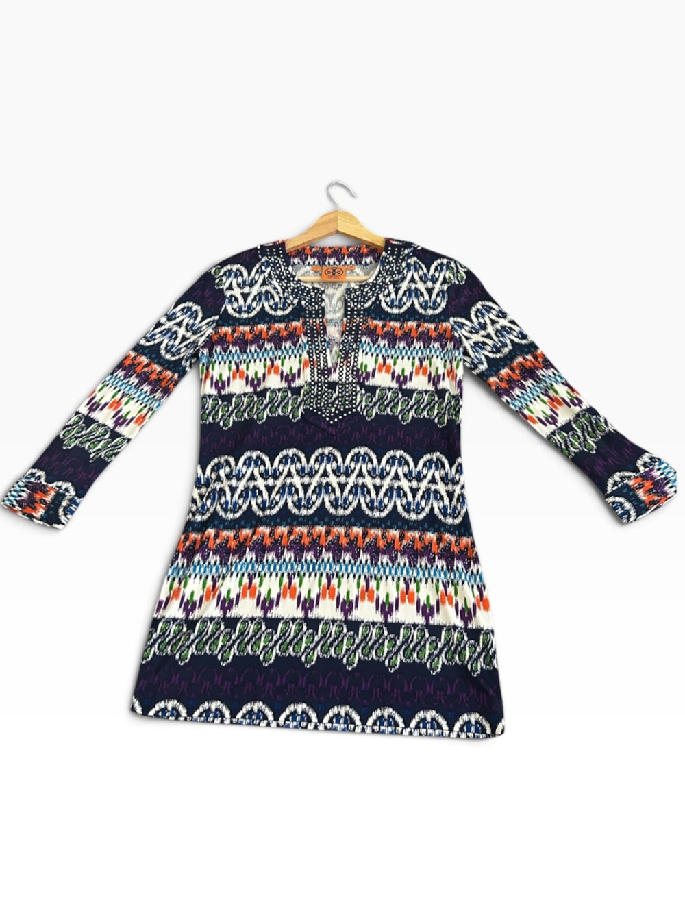 Tory Burch 100% Silk Geometric Ikat Tunic Dress With Beaded Collar Size XS